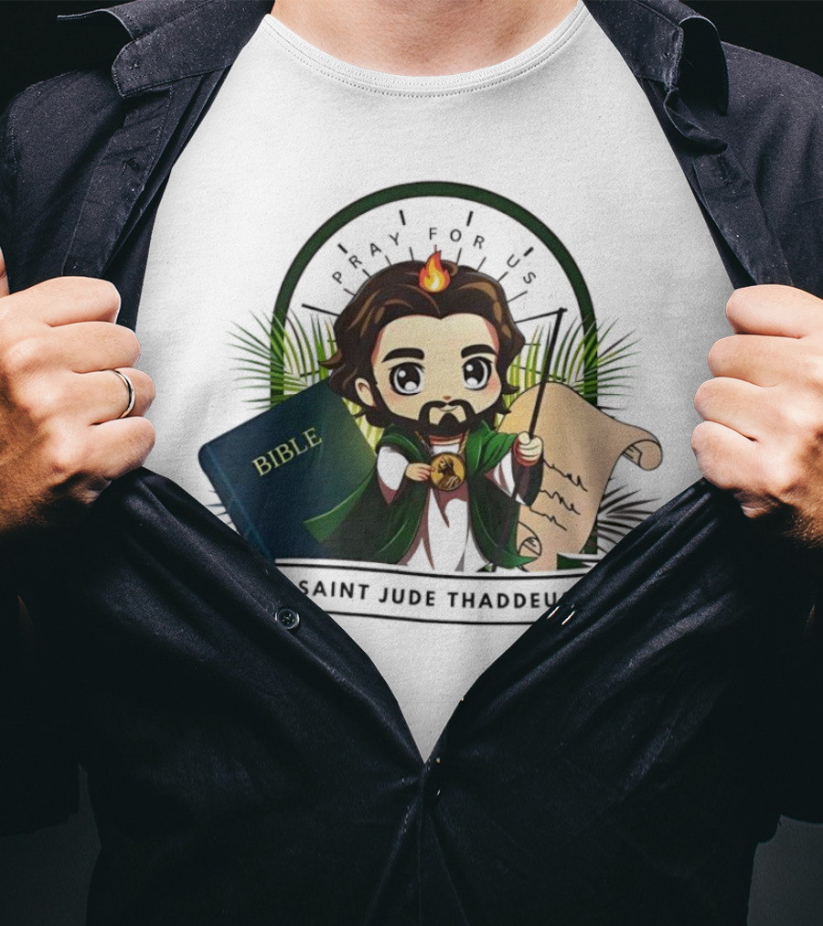 Saint Jude Thaddeus Pray For Us Cartoon Bible Scroll Flame T-Shirt