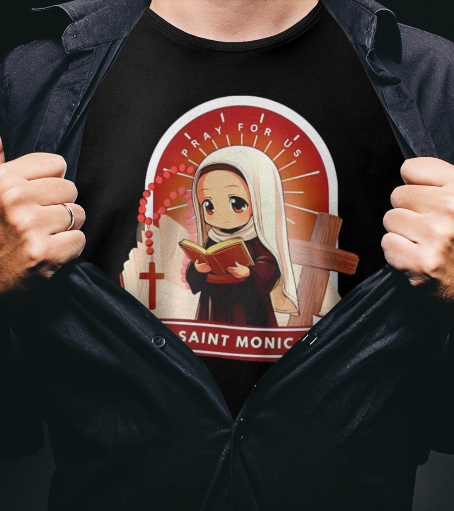 Saint Monica Pray For Us Cartoon Hippo Theme With Book And Cross T-Shirt
