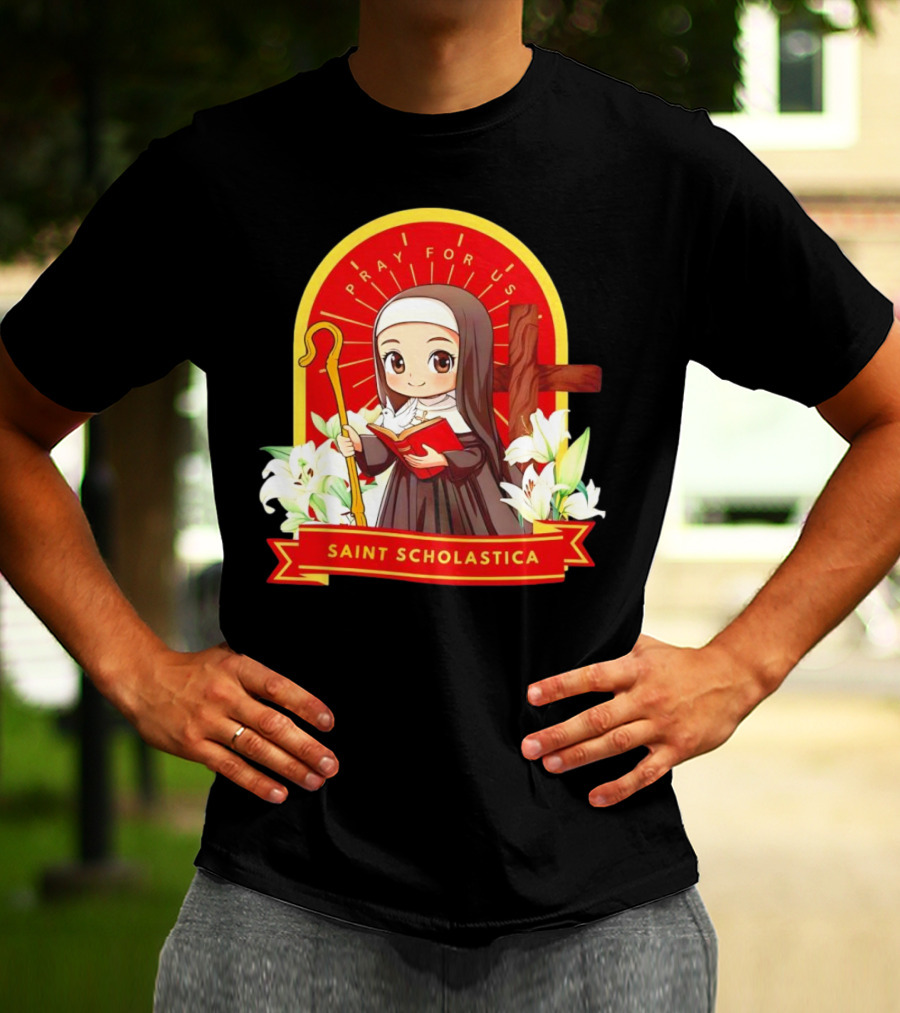 Saint Scholastica Pray For Us Cartoon Cute Nun Illustration With Cross And Flowers T-Shirt