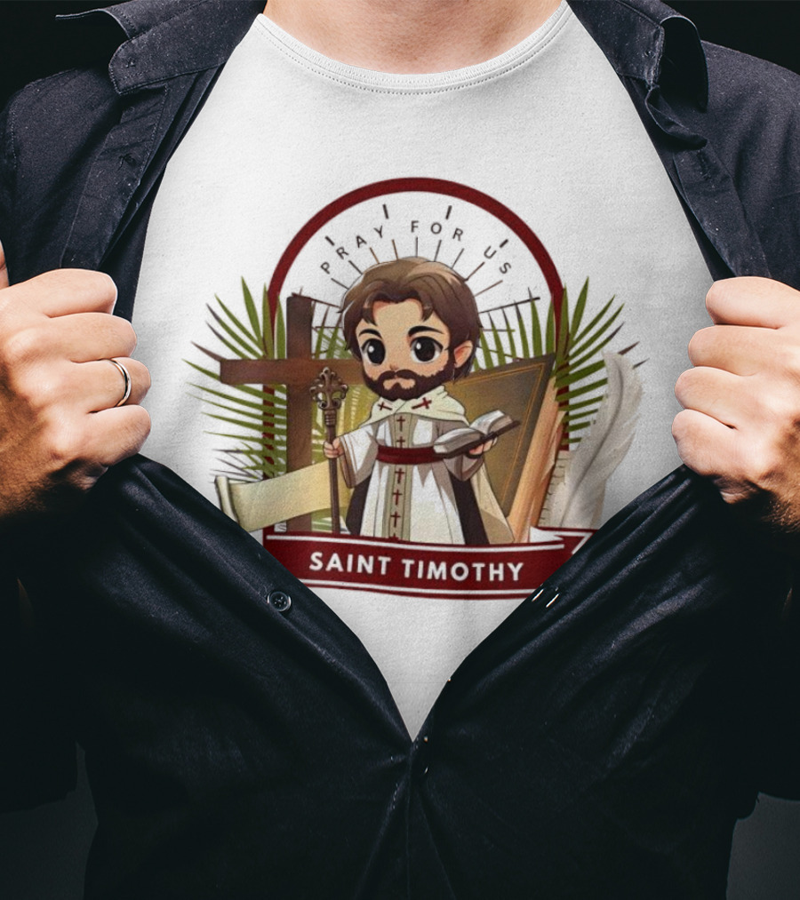Saint Timothy Pray For Us Cartoon With Cross And Feather Motif T-Shirt