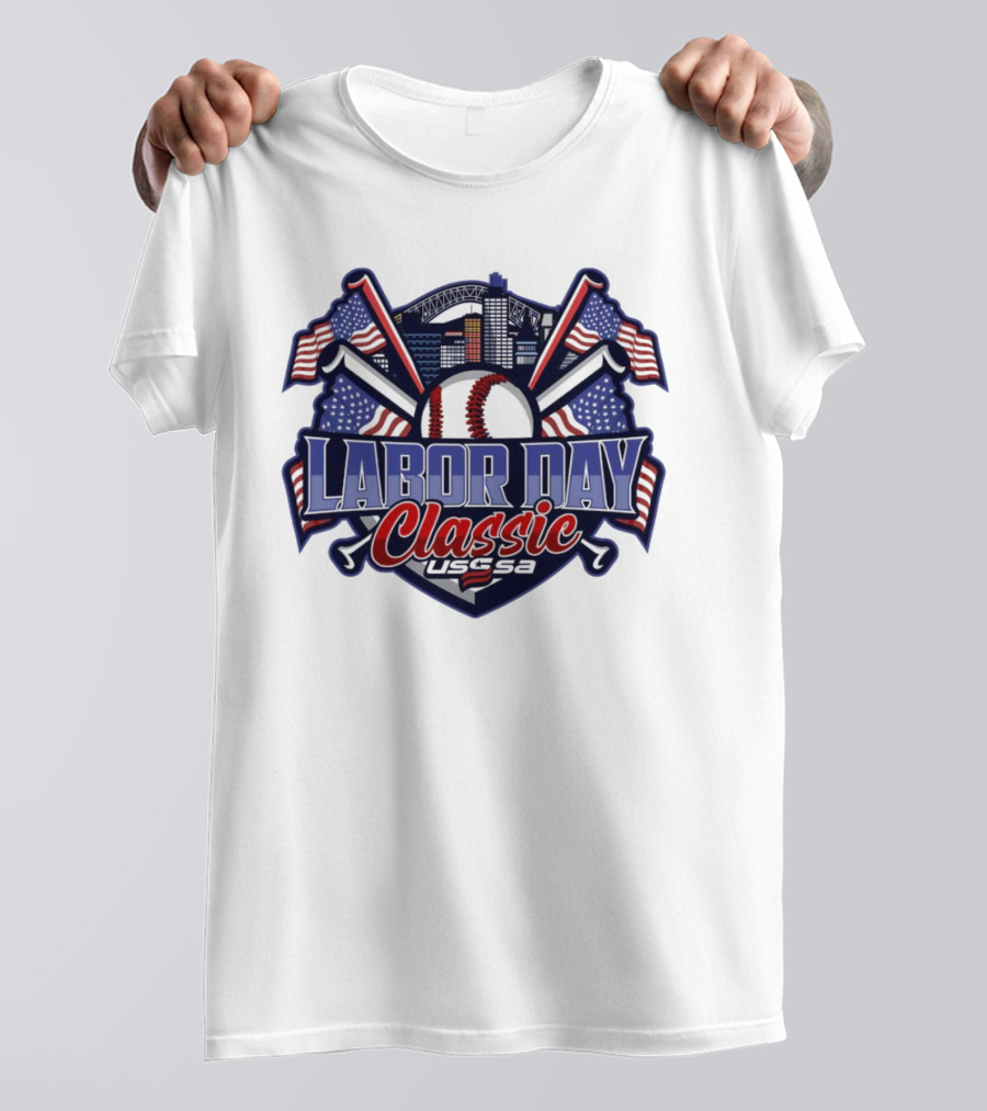Labor Day Classic USSSA Baseball Crossed Bats And American Flag Themed Shield Logo T-Shirt