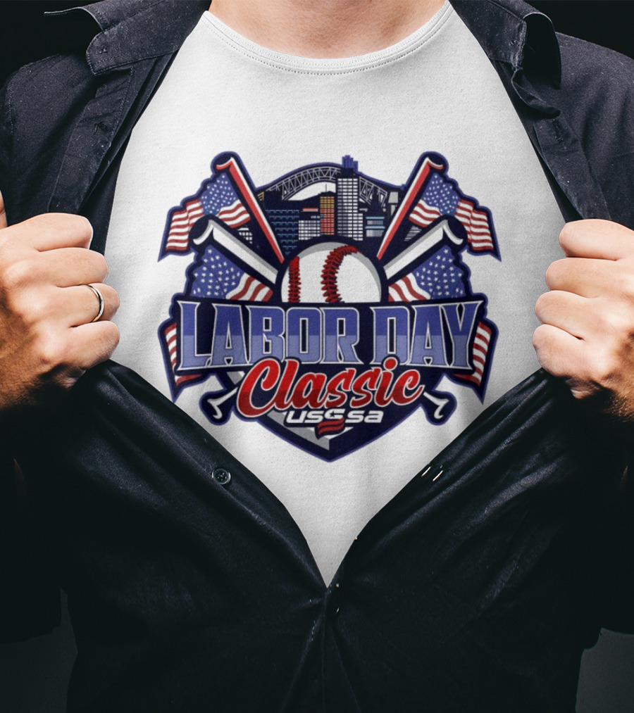 Labor Day Classic USSSA Baseball Crossed Bats And American Flag Themed Shield Logo T-Shirt