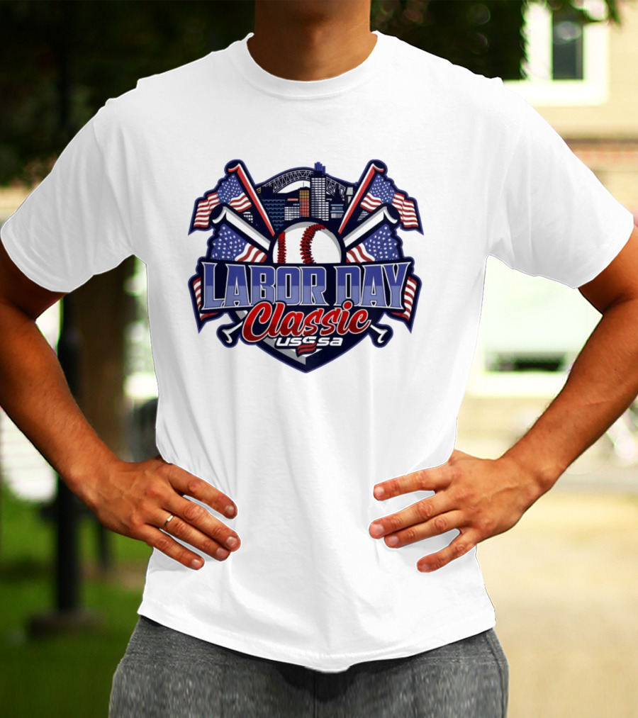 Labor Day Classic USSSA Baseball Crossed Bats And American Flag Themed Shield Logo T-Shirt