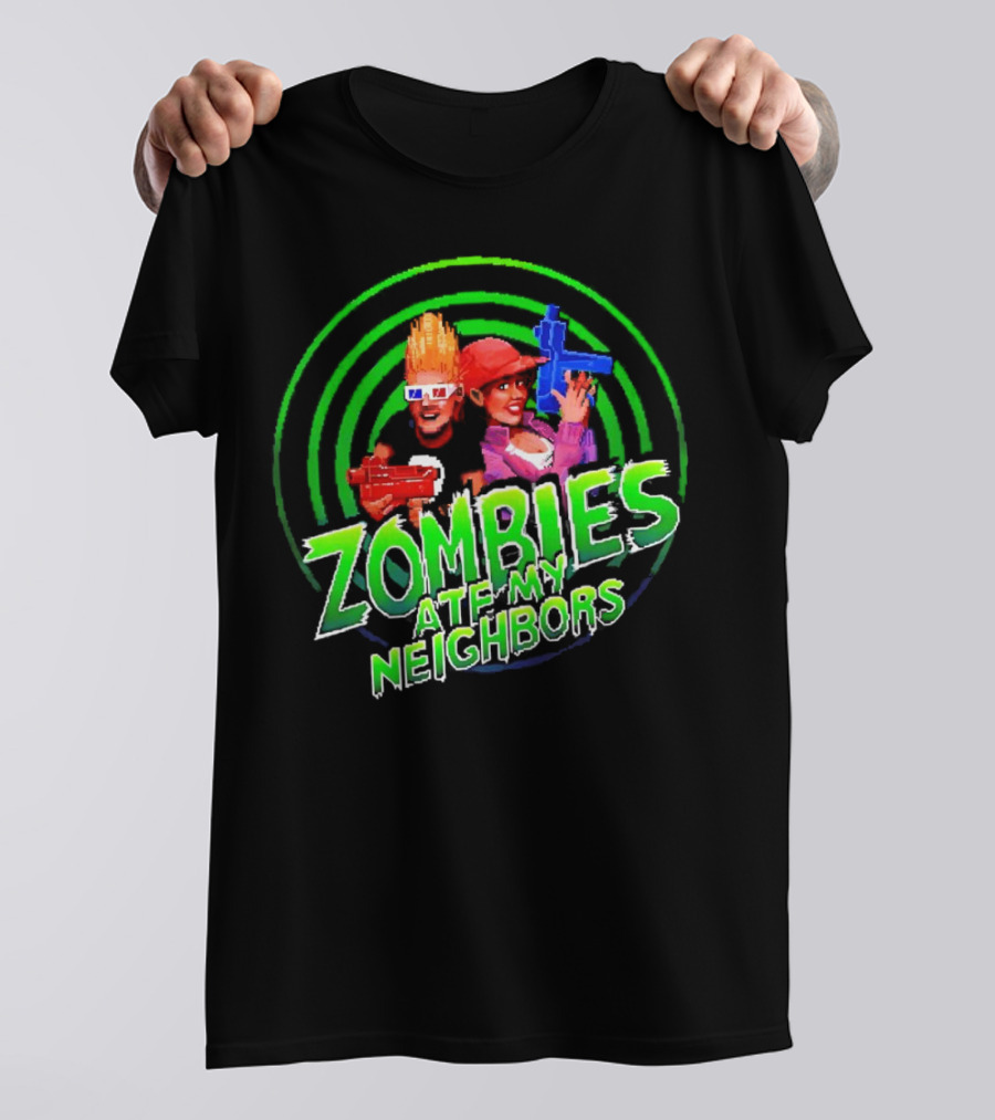 Zombies Ate My Neighbors Zombie Hunters Game Retro Style 90s Arcade Action Kids With Toy Blasters T-Shirt