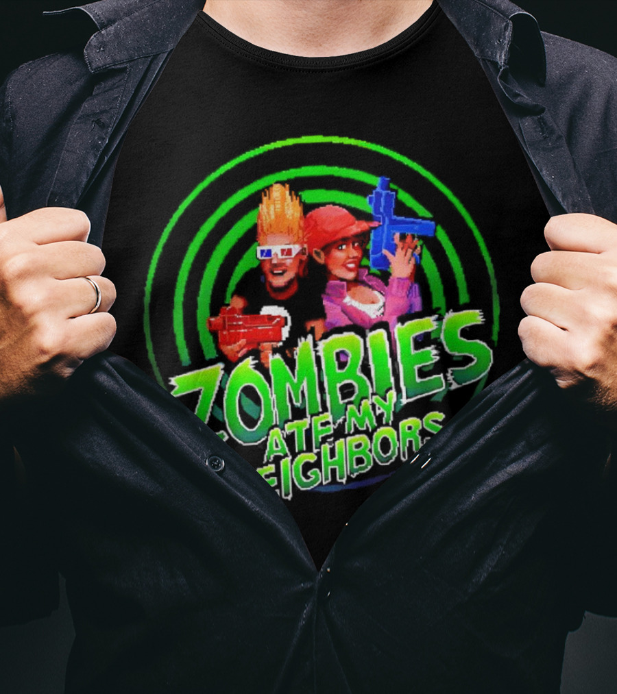 Zombies Ate My Neighbors Zombie Hunters Game Retro Style 90s Arcade Action Kids With Toy Blasters T-Shirt