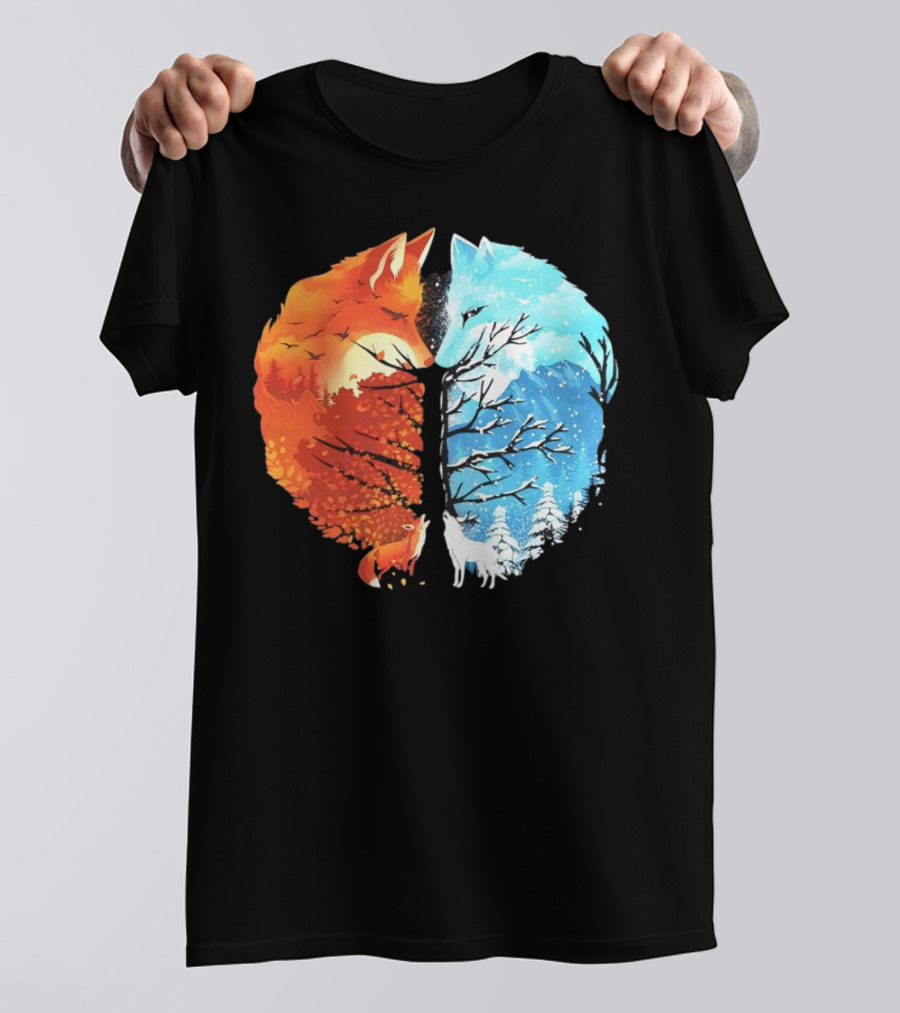 Fire And Ice Fox Dual Seasons Tree T-Shirt
