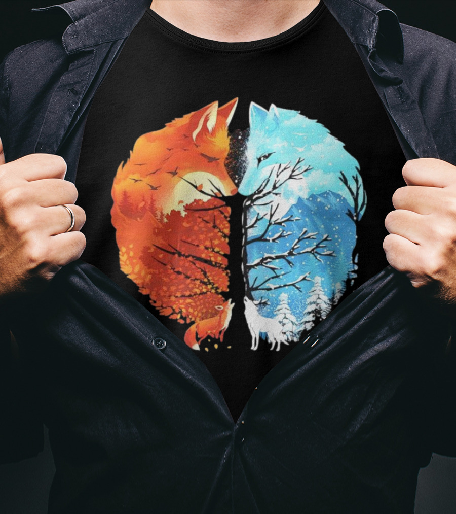 Fire And Ice Fox Dual Seasons Tree T-Shirt