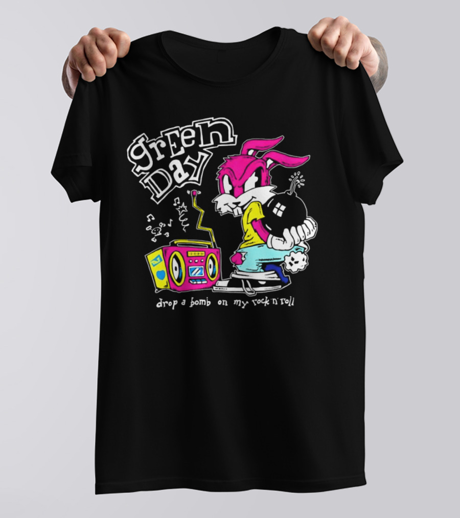 Green Day Drop A Bomb On My Rock ‘N’ Roll Pink Rabbit And Boombox T-Shirt