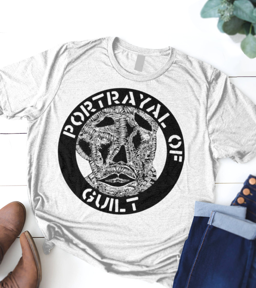 PORTRAYAL OF GUILT Circle Logo With Abstract Face T-Shirt