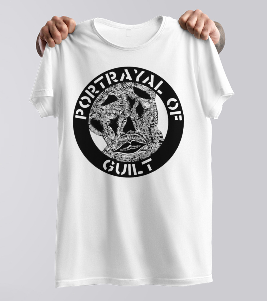 PORTRAYAL OF GUILT Circle Logo With Abstract Face T-Shirt