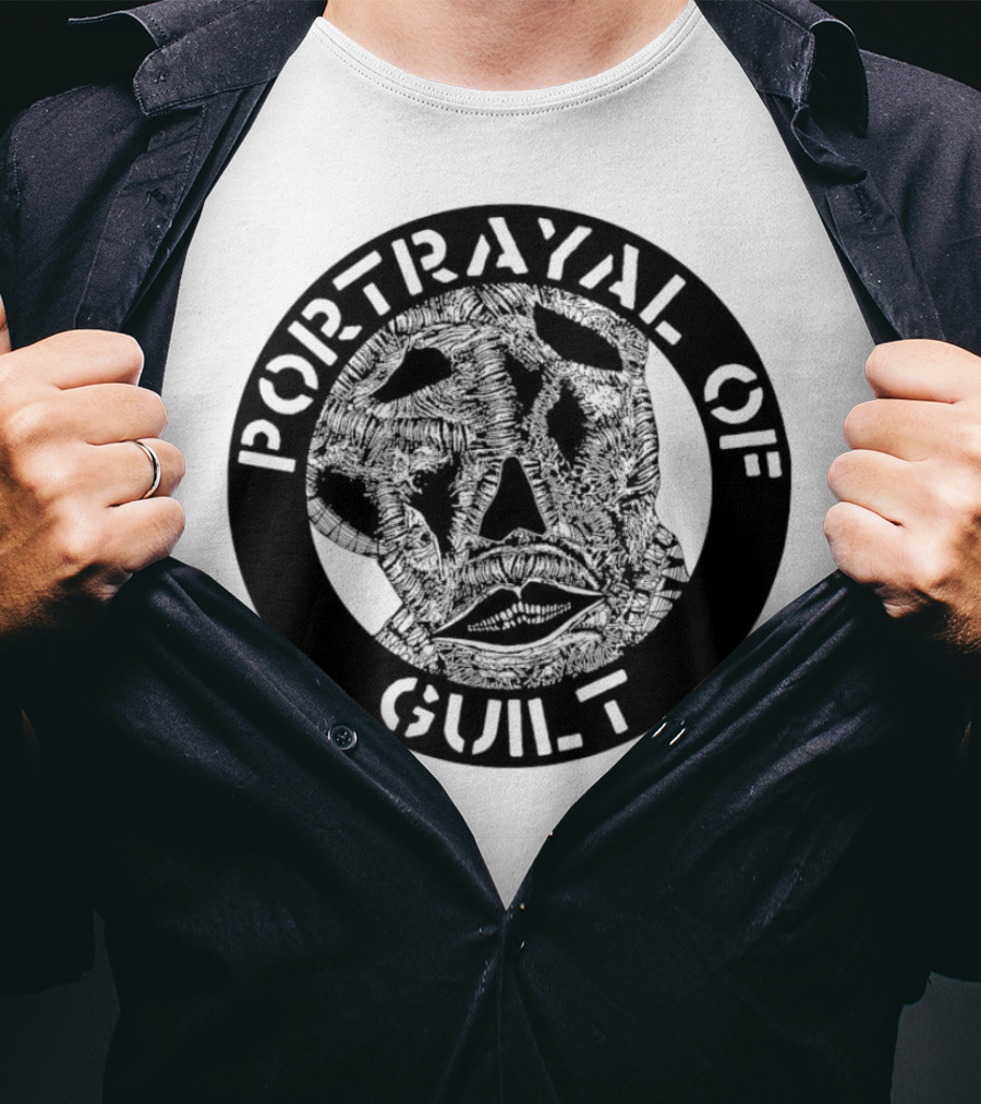 PORTRAYAL OF GUILT Circle Logo With Abstract Face T-Shirt