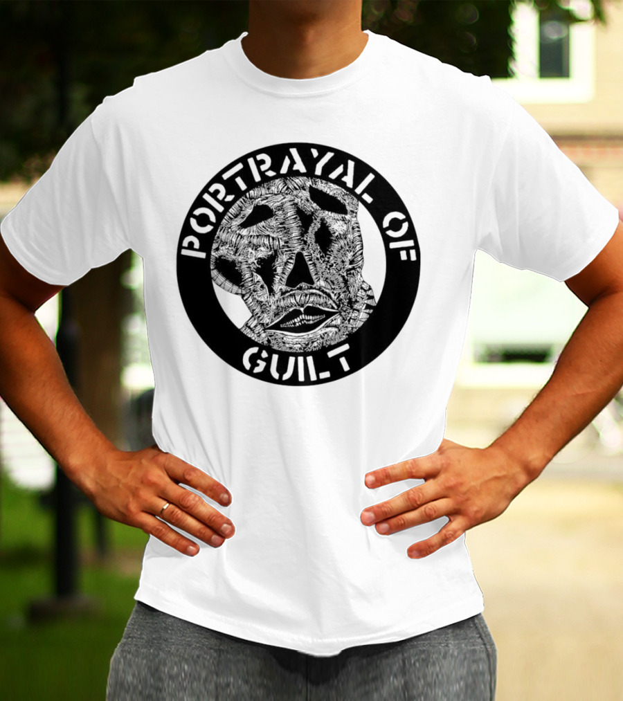 PORTRAYAL OF GUILT Circle Logo With Abstract Face T-Shirt