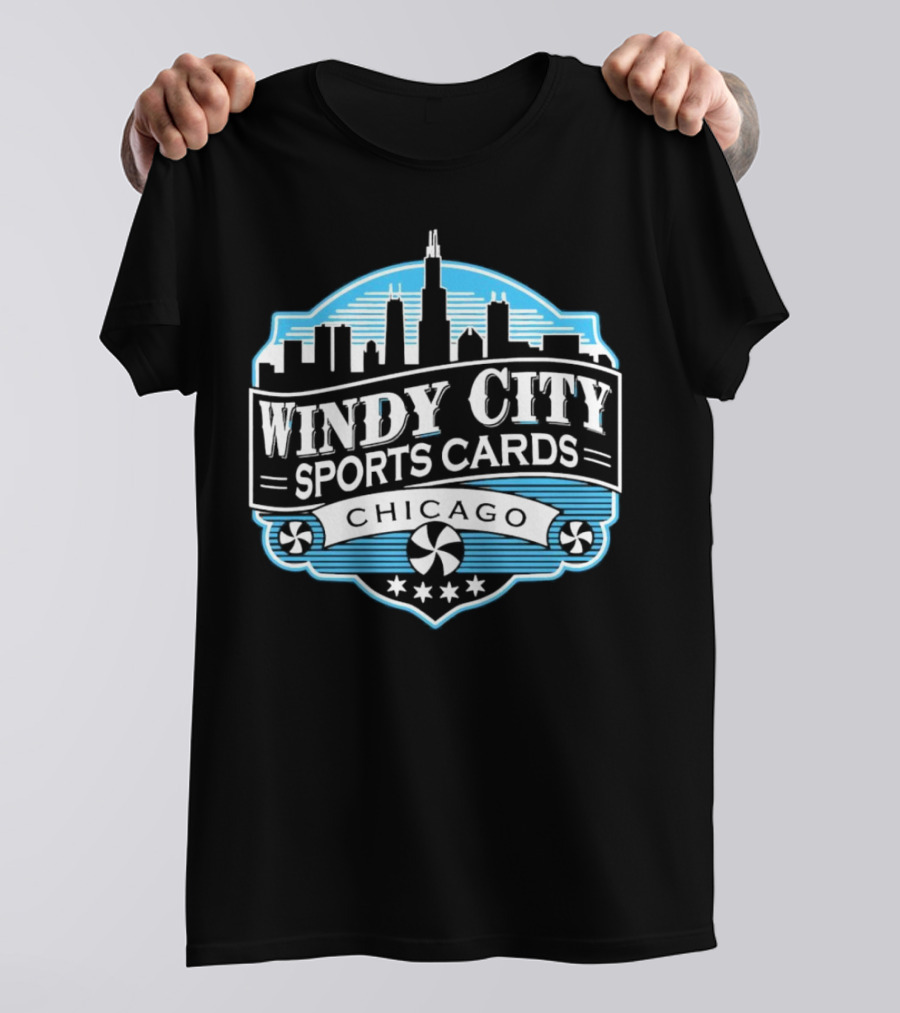 Windy City Sports Cards Chicago Skyline With Stars And Peppermint Swirls T-Shirt