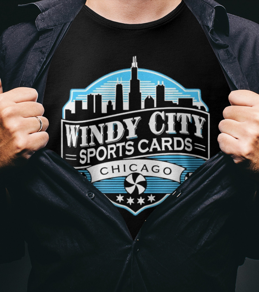Windy City Sports Cards Chicago Skyline With Stars And Peppermint Swirls T-Shirt