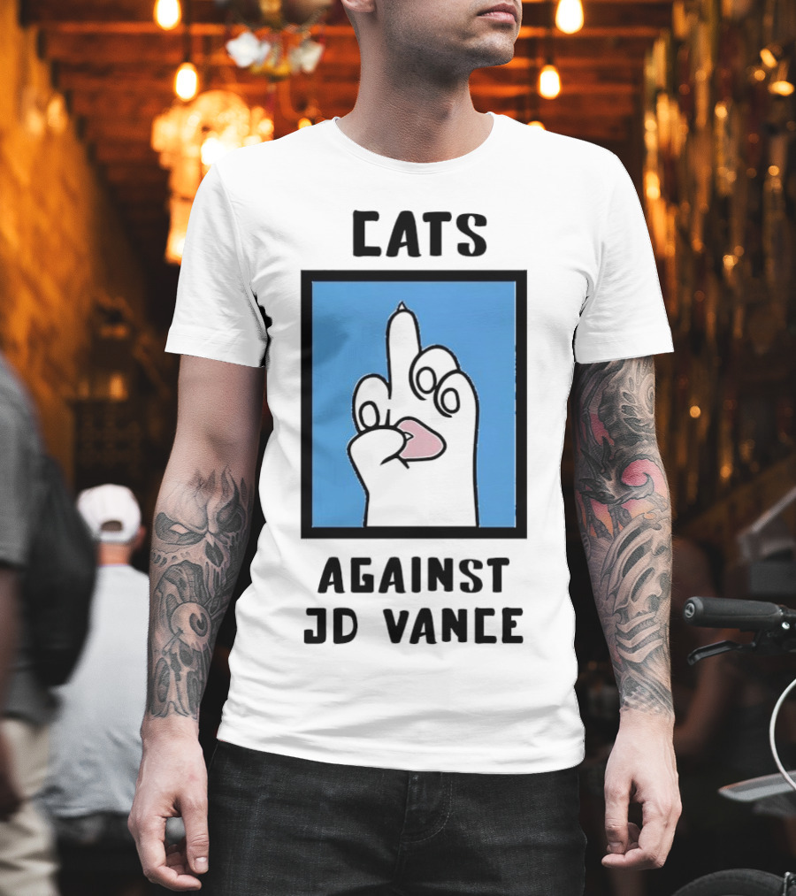 Cats Against JD Vance Middle Finger Paw Drawing T-Shirt