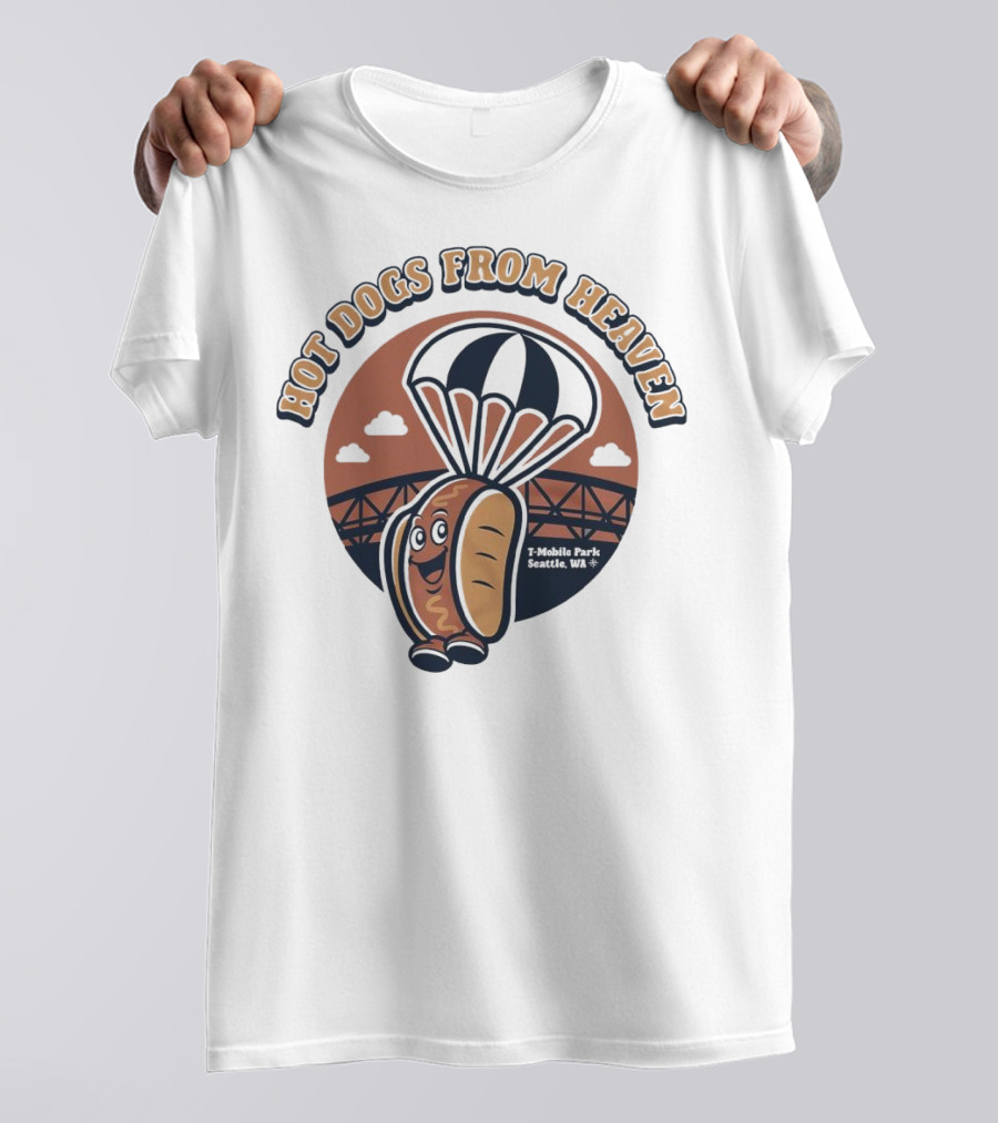 Hot Dogs From Heaven Parachuting Smiling Hot Dog Over Bridge T-Shirt