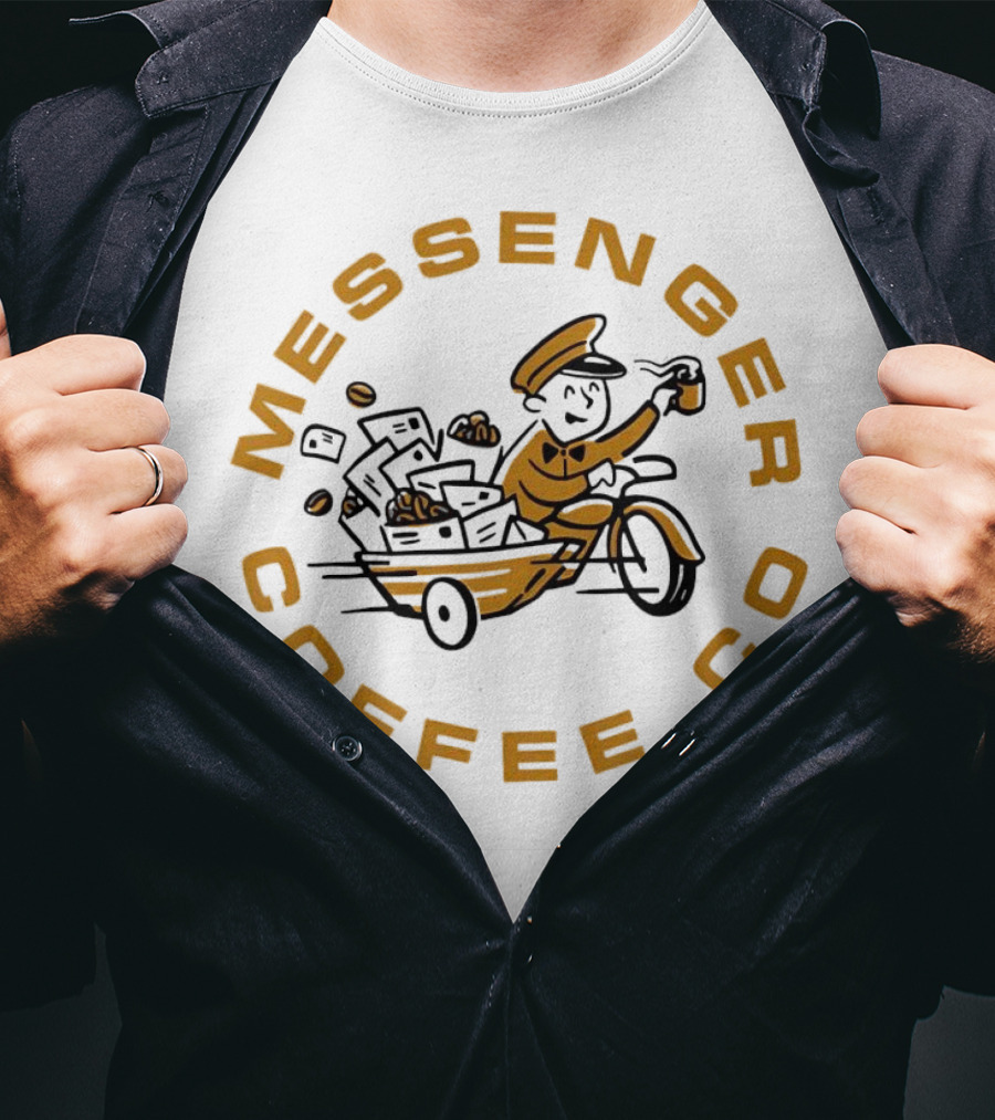 Messenger Coffee Co Joe Gatto Mailman With Coffee Cup T-Shirt