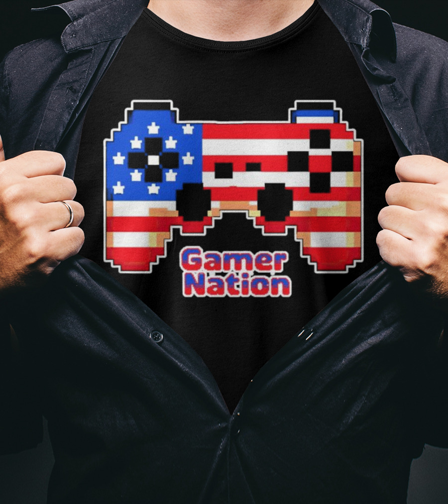 American Flag Pixel Art Gamer Nation Controller T-Shirt