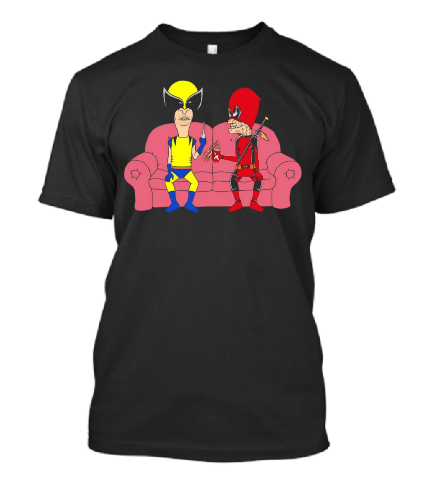 Beavis And Butt-Head X Deadpool And Wolverine Characters Crossover Cartoon Sitting On Couch T-Shirt