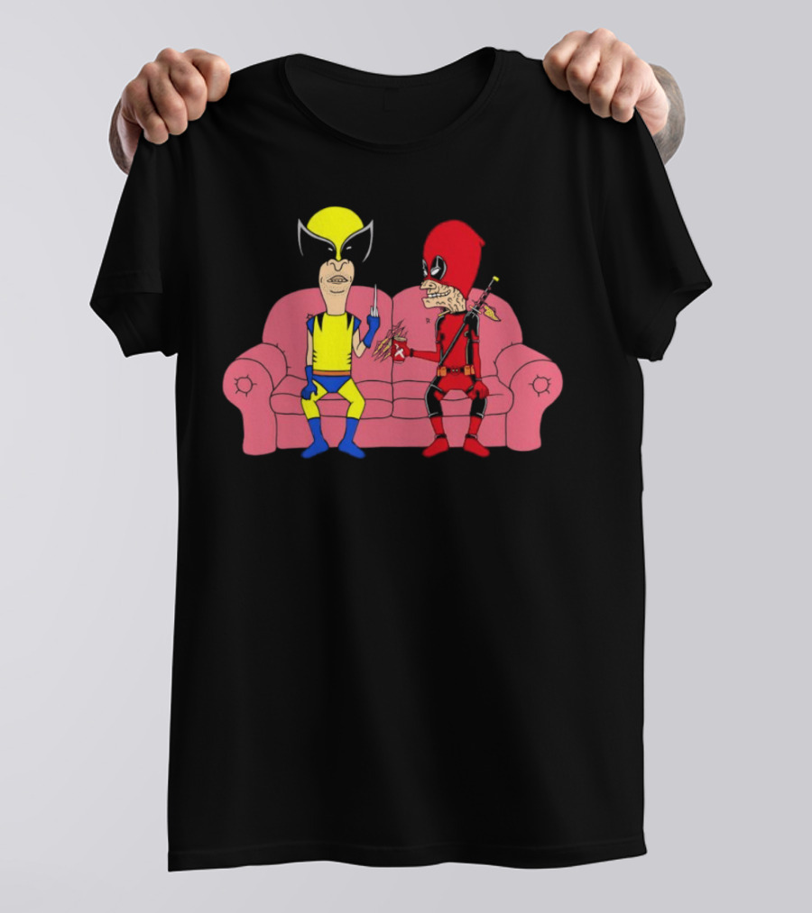 Beavis And Butt-Head X Deadpool And Wolverine Characters Crossover Cartoon Sitting On Couch T-Shirt