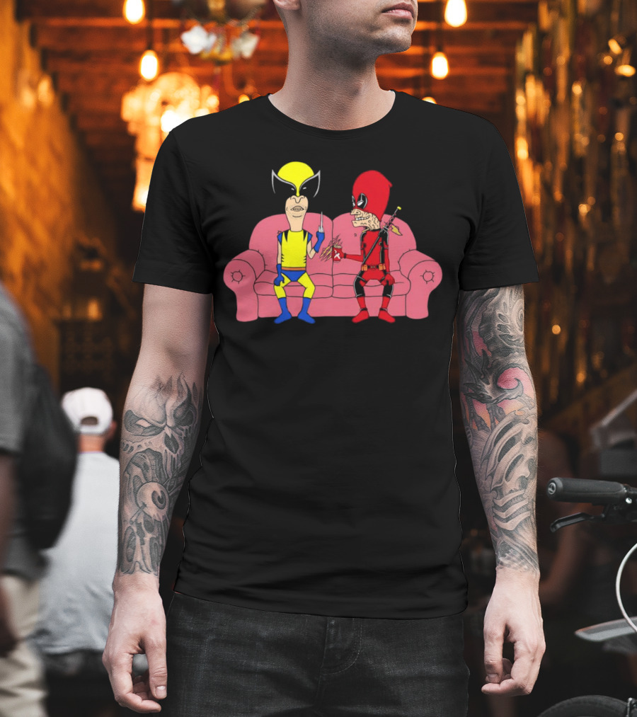 Beavis And Butt-Head X Deadpool And Wolverine Characters Crossover Cartoon Sitting On Couch T-Shirt