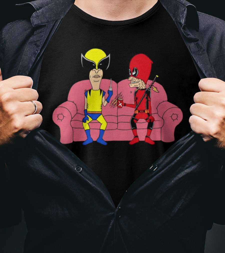 Beavis And Butt-Head X Deadpool And Wolverine Characters Crossover Cartoon Sitting On Couch T-Shirt