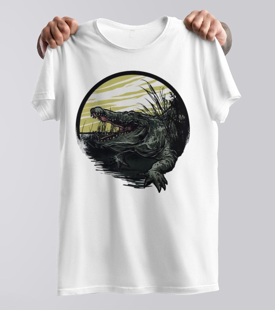 Crocodile Emerging From Water With Yellow Sky And Reeds T-Shirt