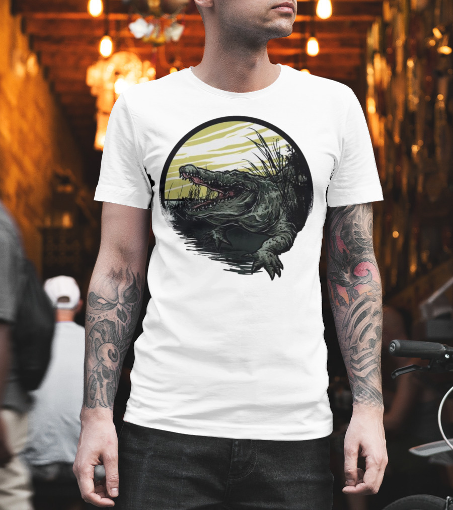 Crocodile Emerging From Water With Yellow Sky And Reeds T-Shirt