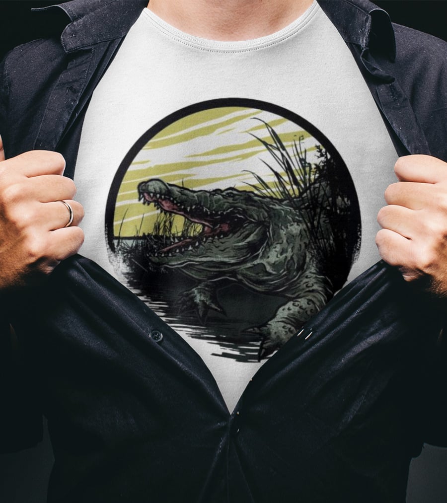 Crocodile Emerging From Water With Yellow Sky And Reeds T-Shirt