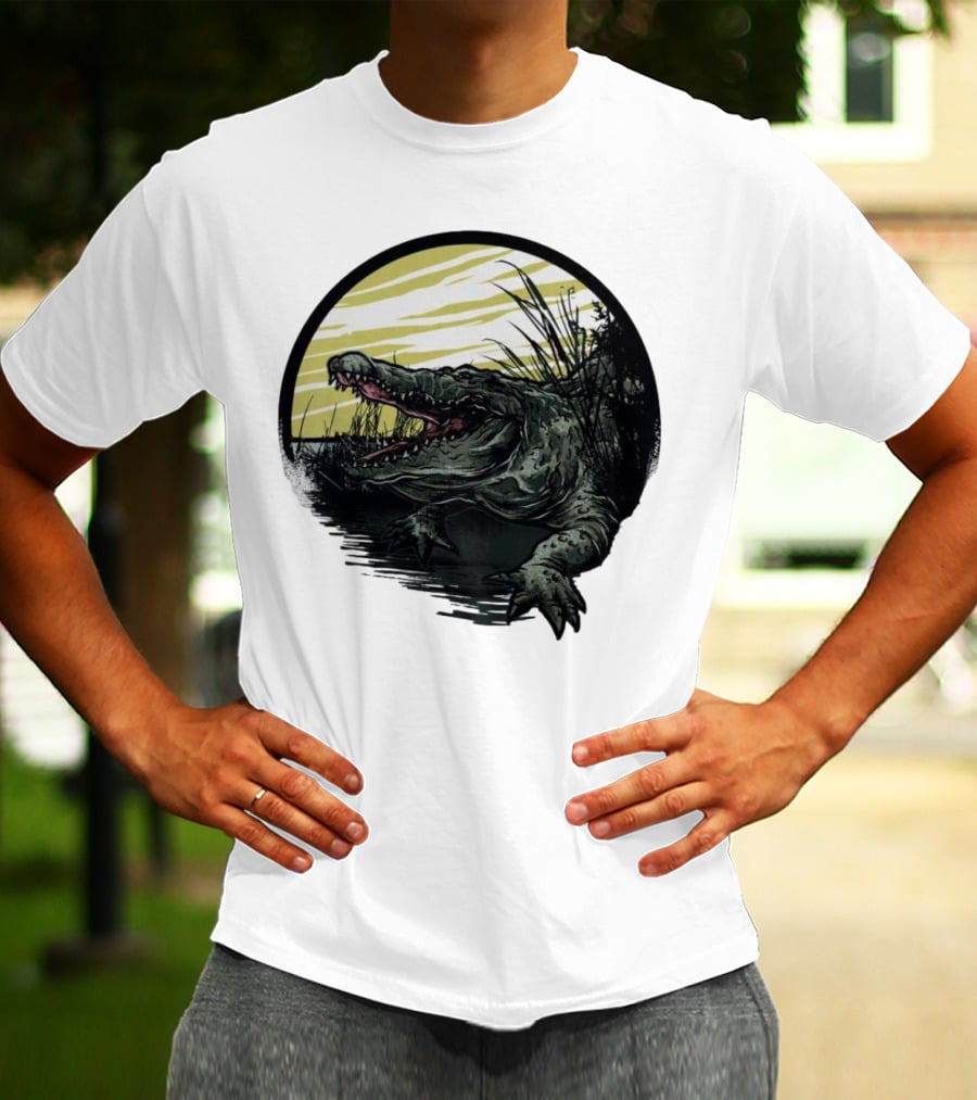 Crocodile Emerging From Water With Yellow Sky And Reeds T-Shirt