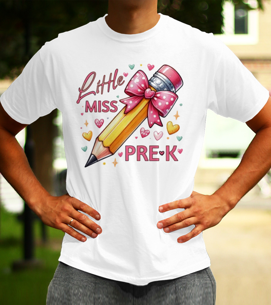 Little Miss Pre-K Pencil With Pink Bow And Hearts T-Shirt