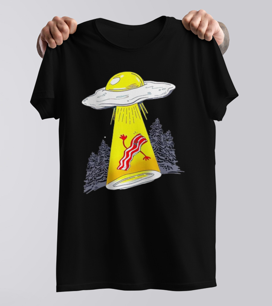 Wonder Nation Alien Breakfast Egg UFO Beaming Up A Walking Bacon Slice In Forest T-Shirt