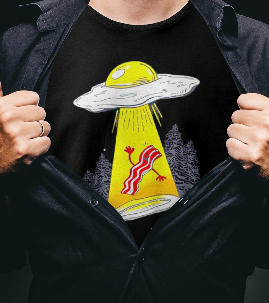 Wonder Nation Alien Breakfast Egg UFO Beaming Up A Walking Bacon Slice In Forest T-Shirt