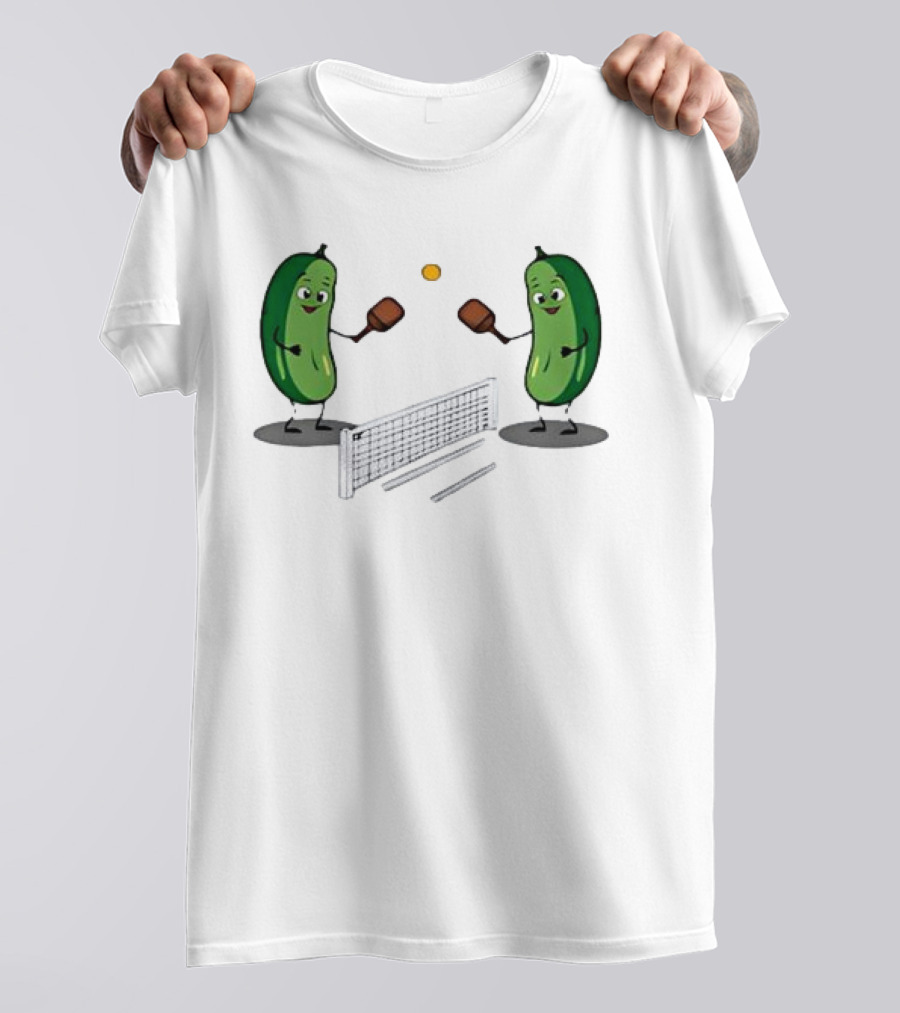 Pickles Playing Pickleball With Smiling Characters And Paddles T-Shirt