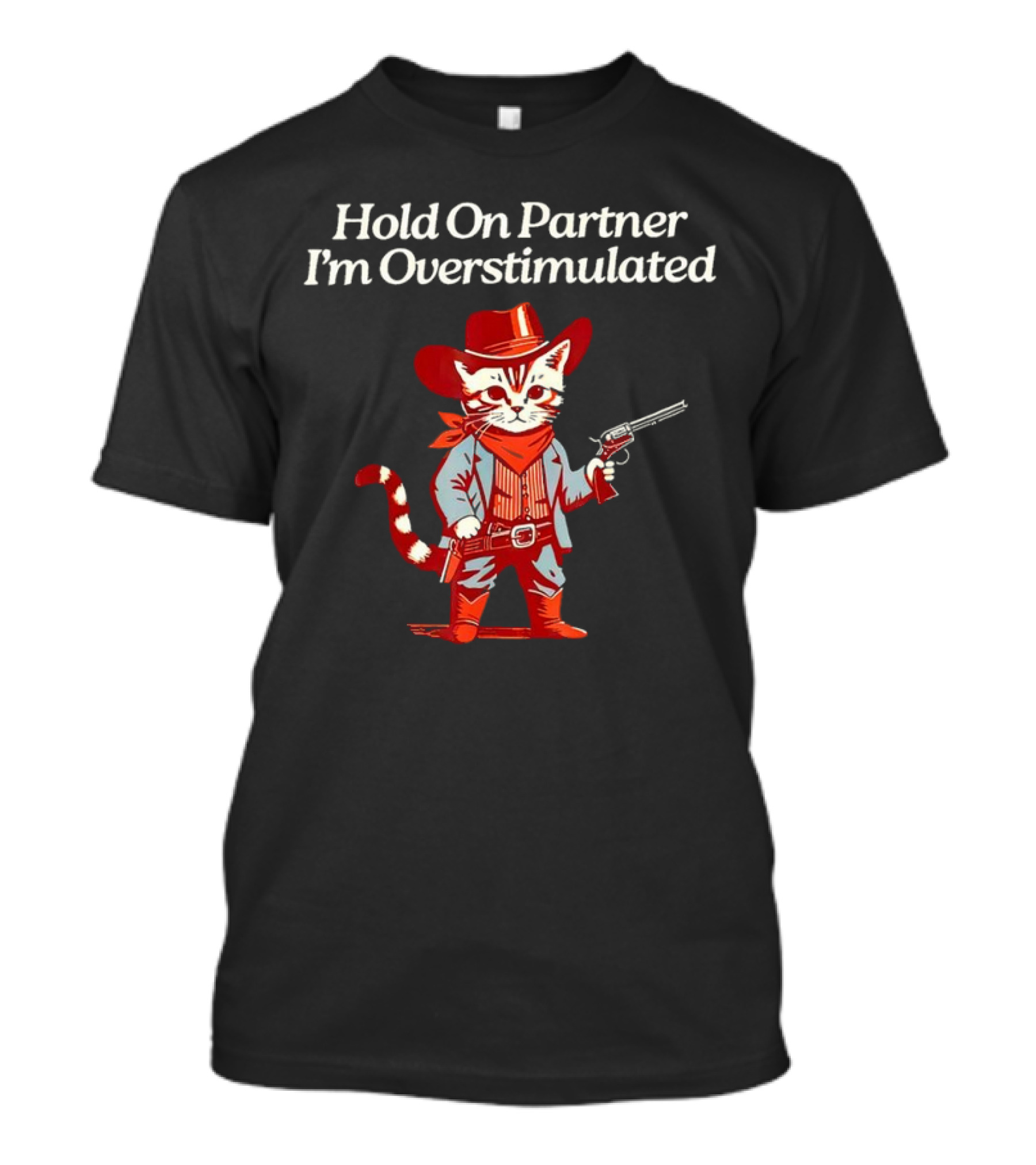 Cowboy Cat Hold On Partner I'm Overstimulated Retro Western T-Shirt