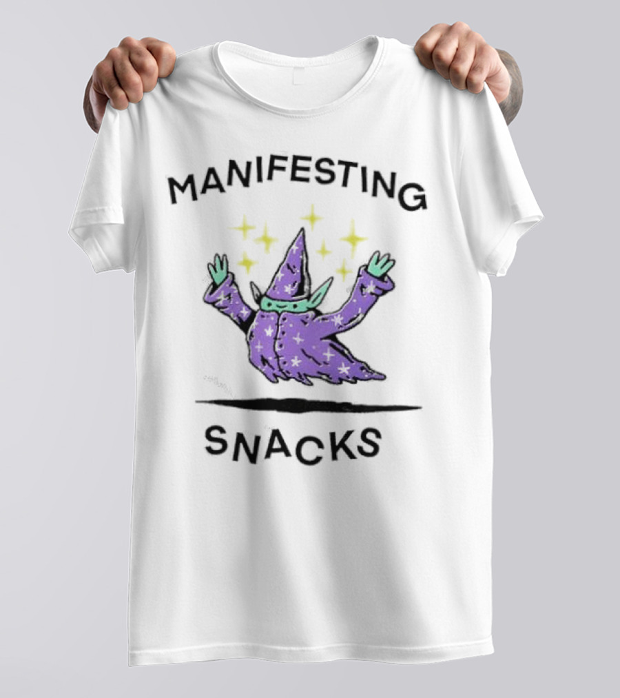 Manifesting Snacks Flying Wizard With Stars T-Shirt