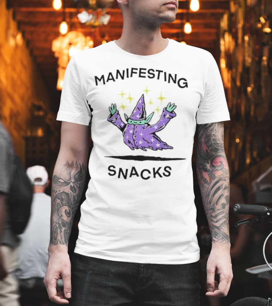 Manifesting Snacks Flying Wizard With Stars T-Shirt