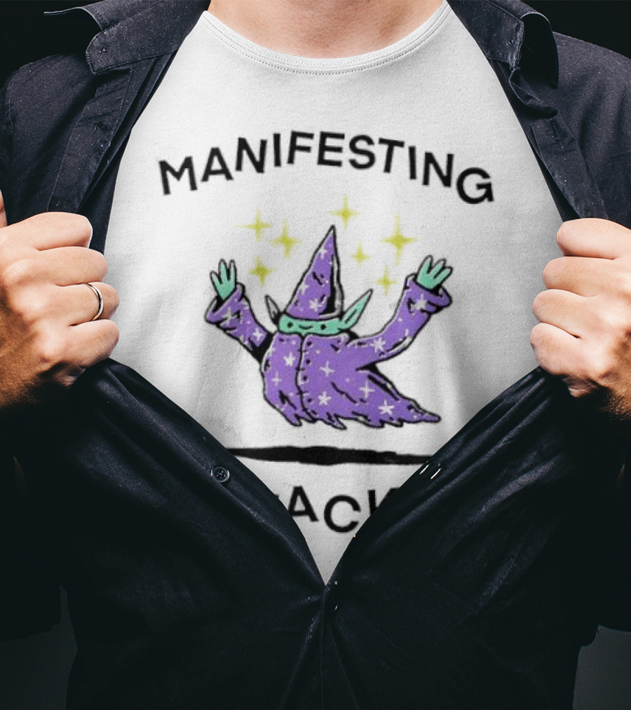 Manifesting Snacks Flying Wizard With Stars T-Shirt