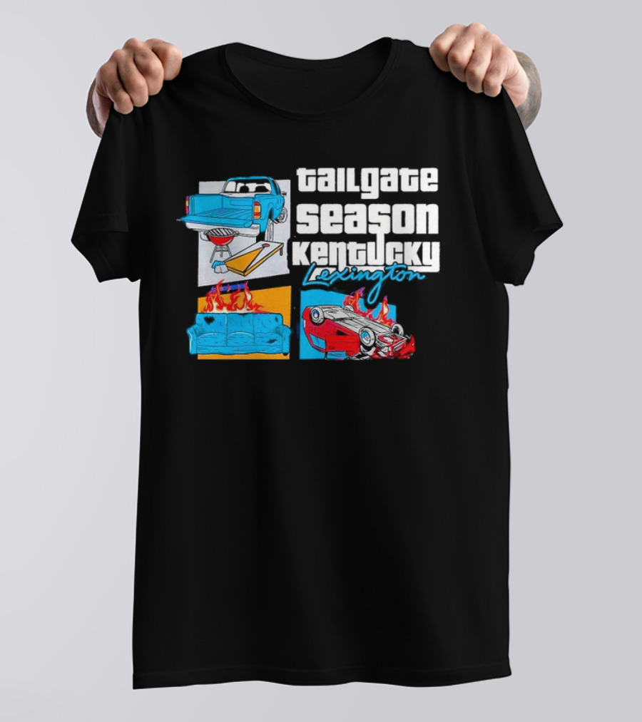 Tailgate Season Kentucky Lexington Truck BBQ Couch Fire Car Flip T-Shirt