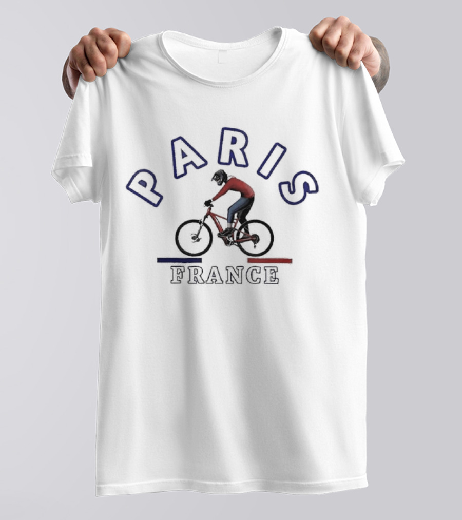PARIS FRANCE BICYCLE RIDER IN RED AND BLUE T-Shirt