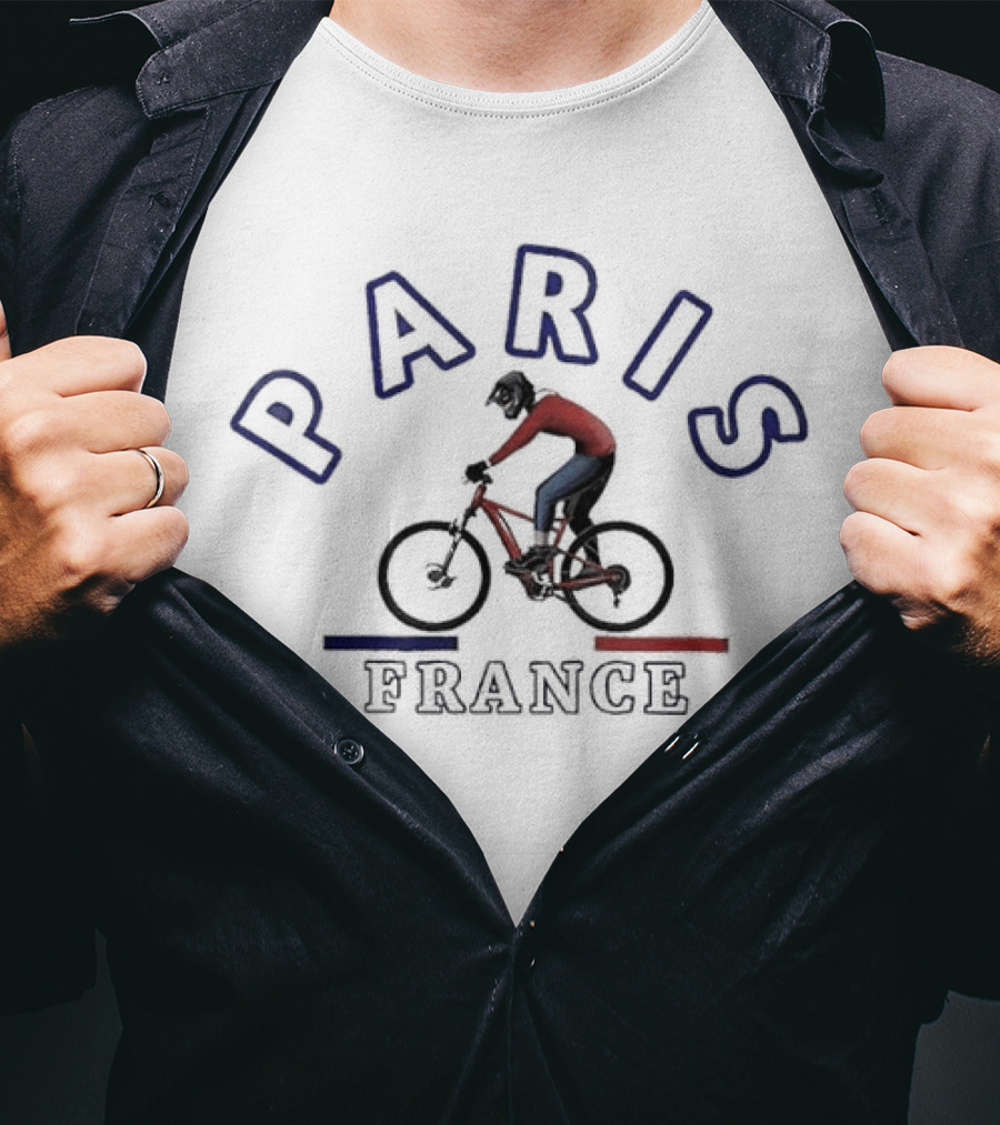 PARIS FRANCE BICYCLE RIDER IN RED AND BLUE T-Shirt