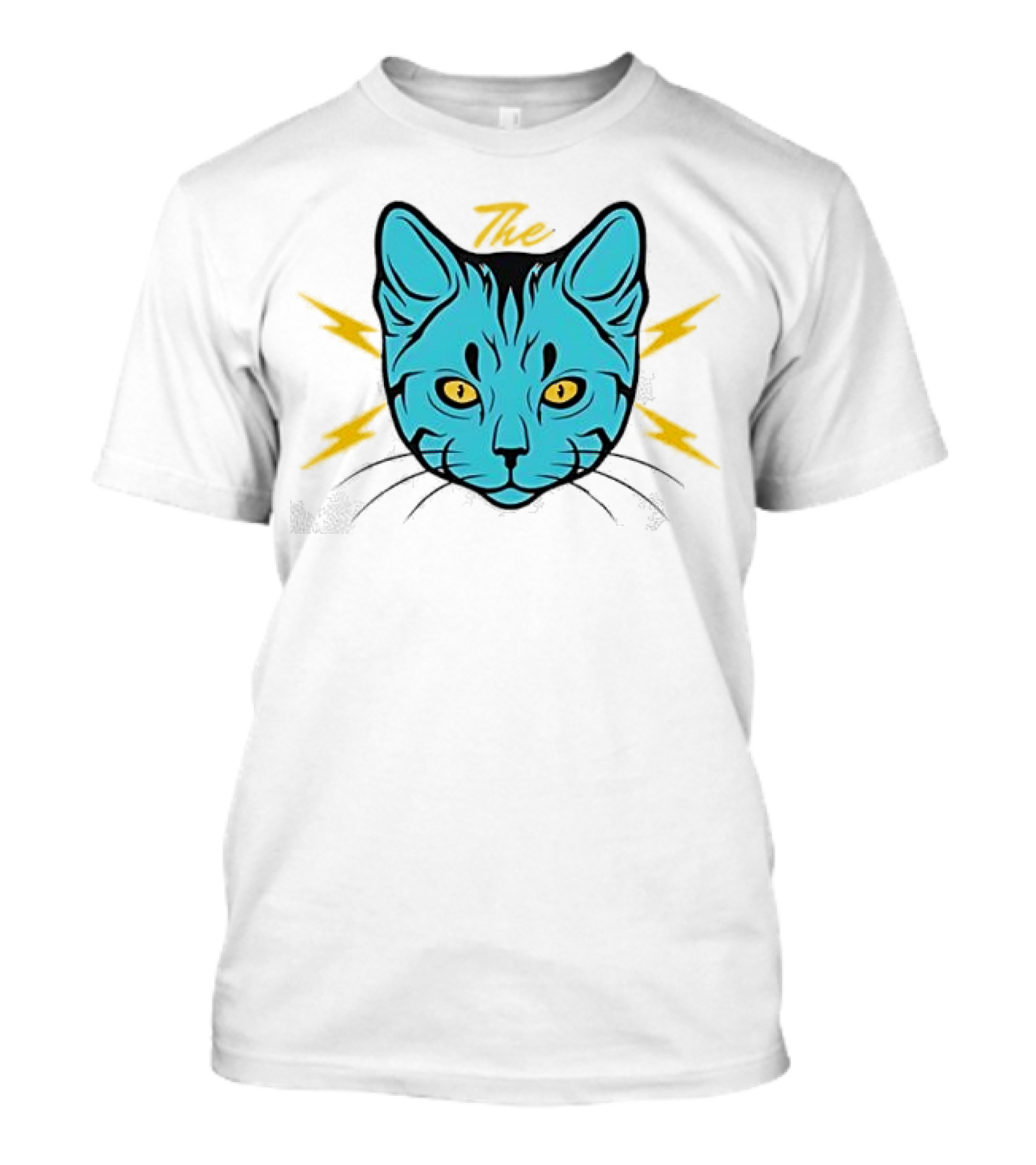 The Cat Thunder Studio Blue Cat Head With Yellow Lightning Bolts T-Shirt