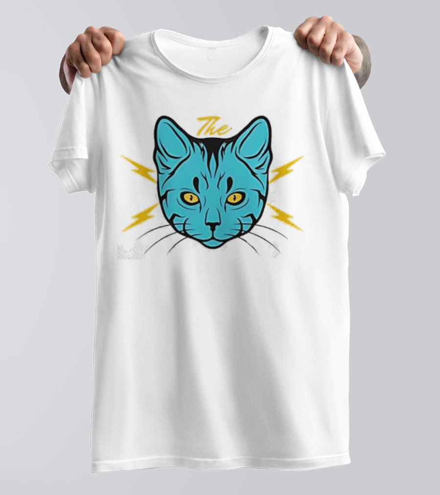 The Cat Thunder Studio Blue Cat Head With Yellow Lightning Bolts T-Shirt