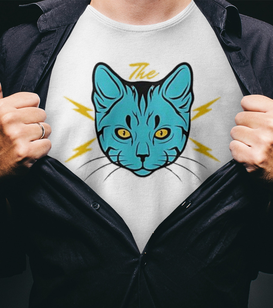 The Cat Thunder Studio Blue Cat Head With Yellow Lightning Bolts T-Shirt