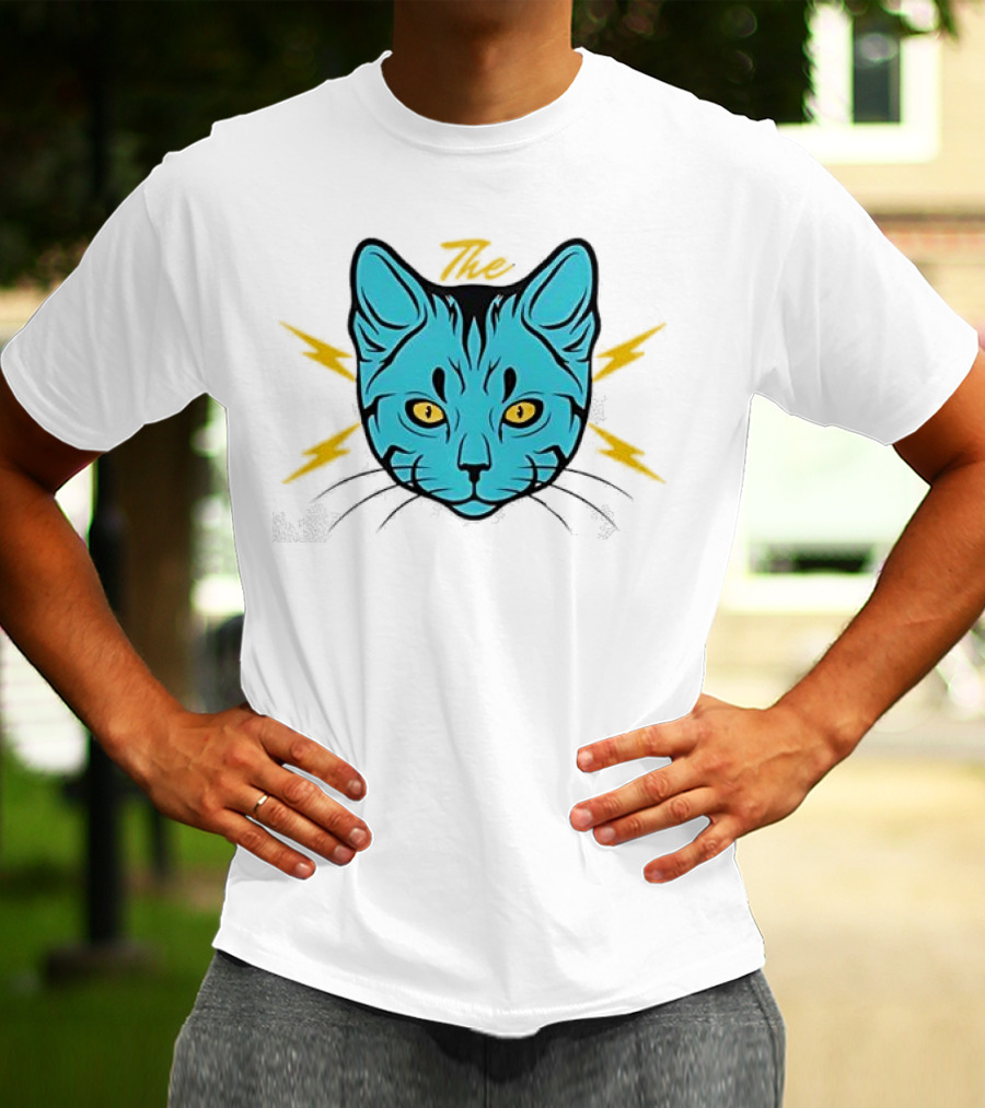 The Cat Thunder Studio Blue Cat Head With Yellow Lightning Bolts T-Shirt