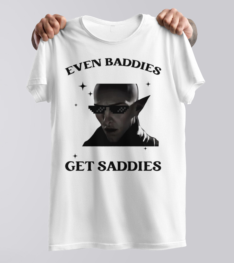 Even Baddies Get Saddies Pixelated Sunglasses Bald Elf Character T-Shirt