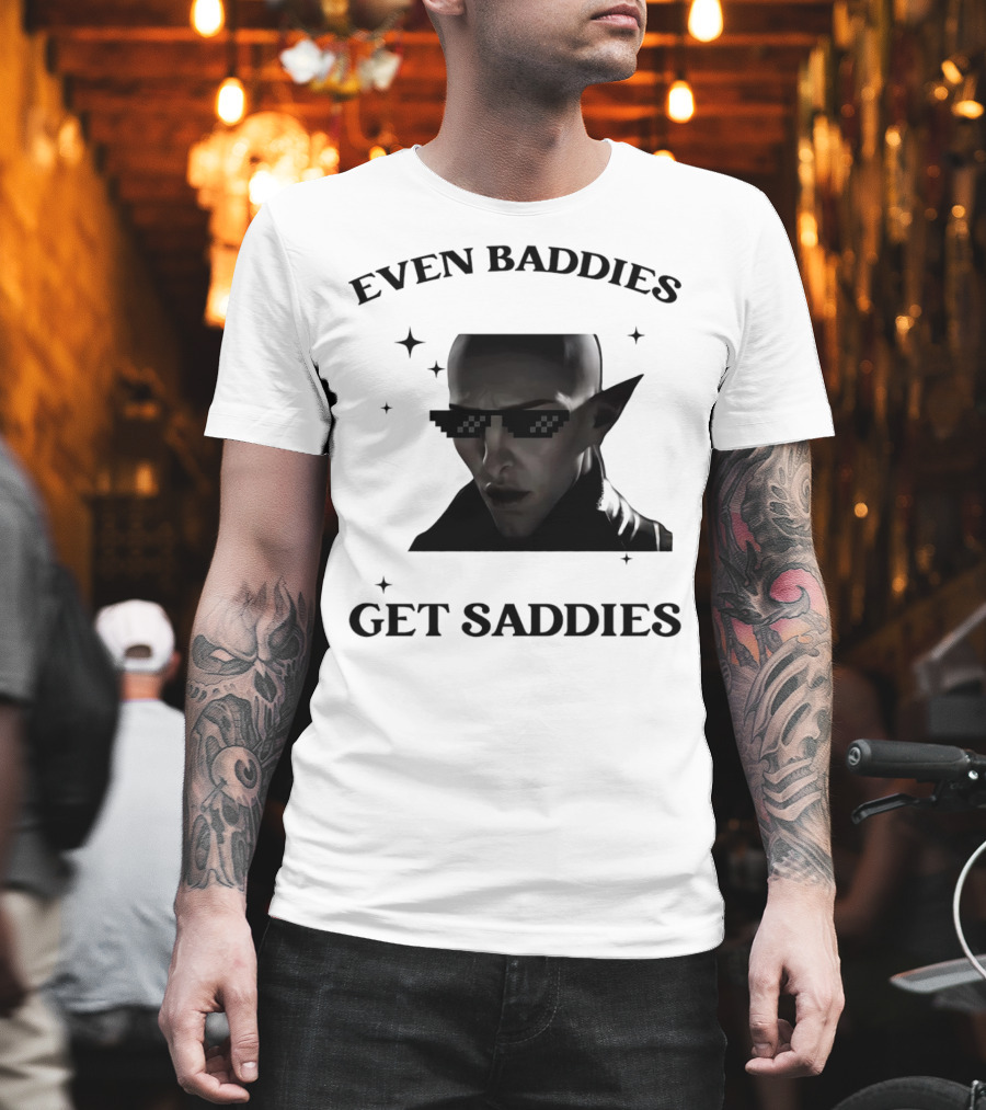 Even Baddies Get Saddies Pixelated Sunglasses Bald Elf Character T-Shirt