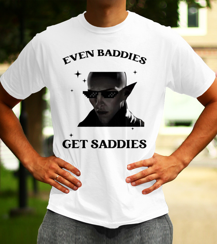 Even Baddies Get Saddies Pixelated Sunglasses Bald Elf Character T-Shirt