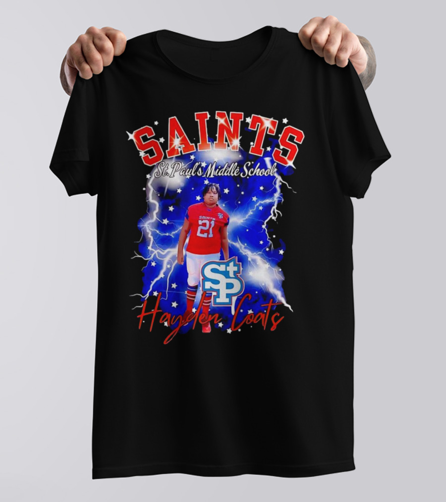 Saints St Paul’s Middle School Football Hayden Coats 21 Lightning Background T-Shirt