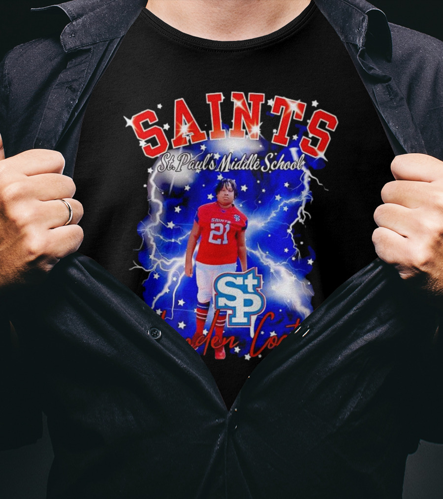 Saints St Paul’s Middle School Football Hayden Coats 21 Lightning Background T-Shirt